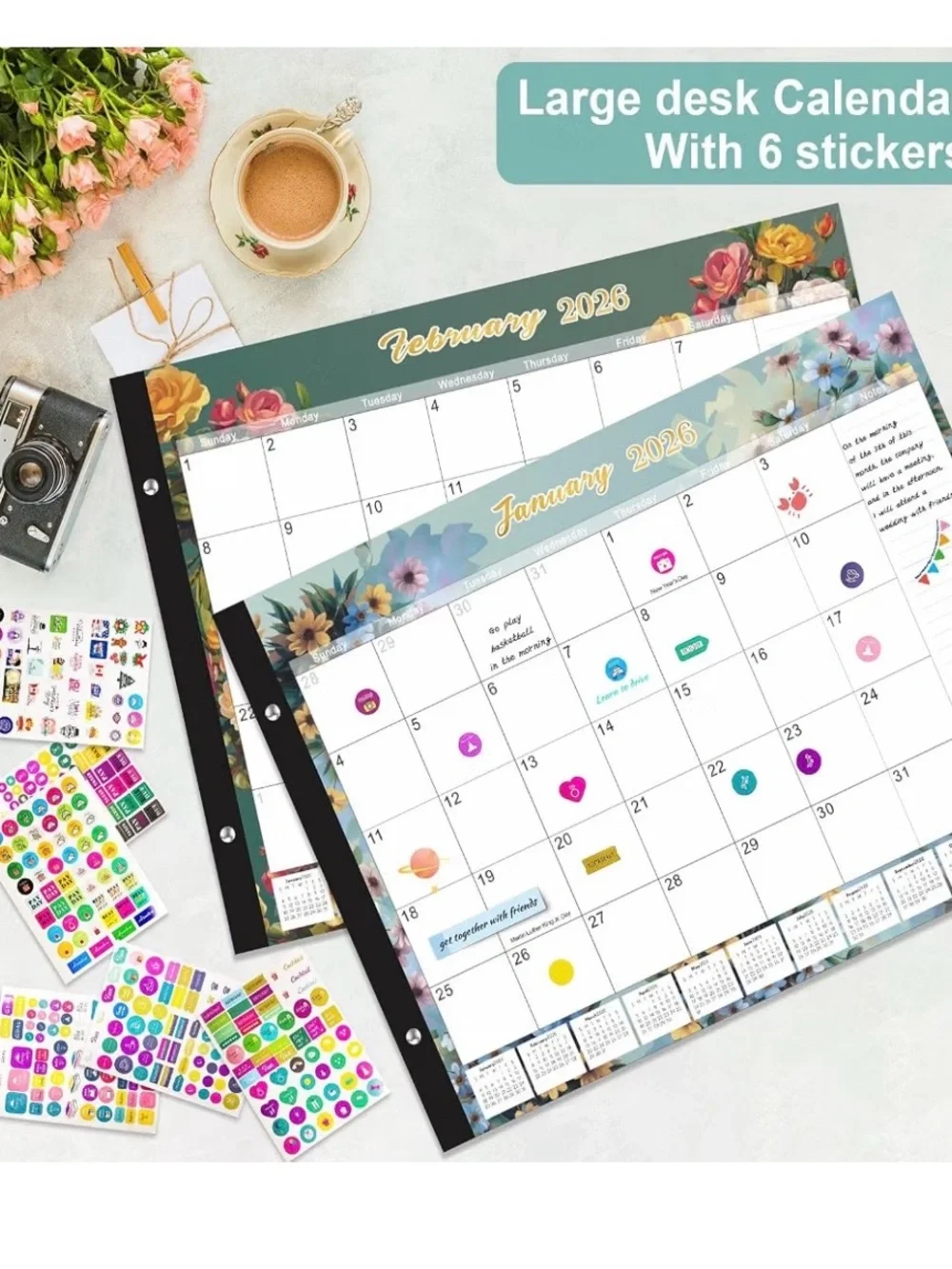 Floral Desk Calendar 2026-2027 - 18 Month 22”x17” with Stickers